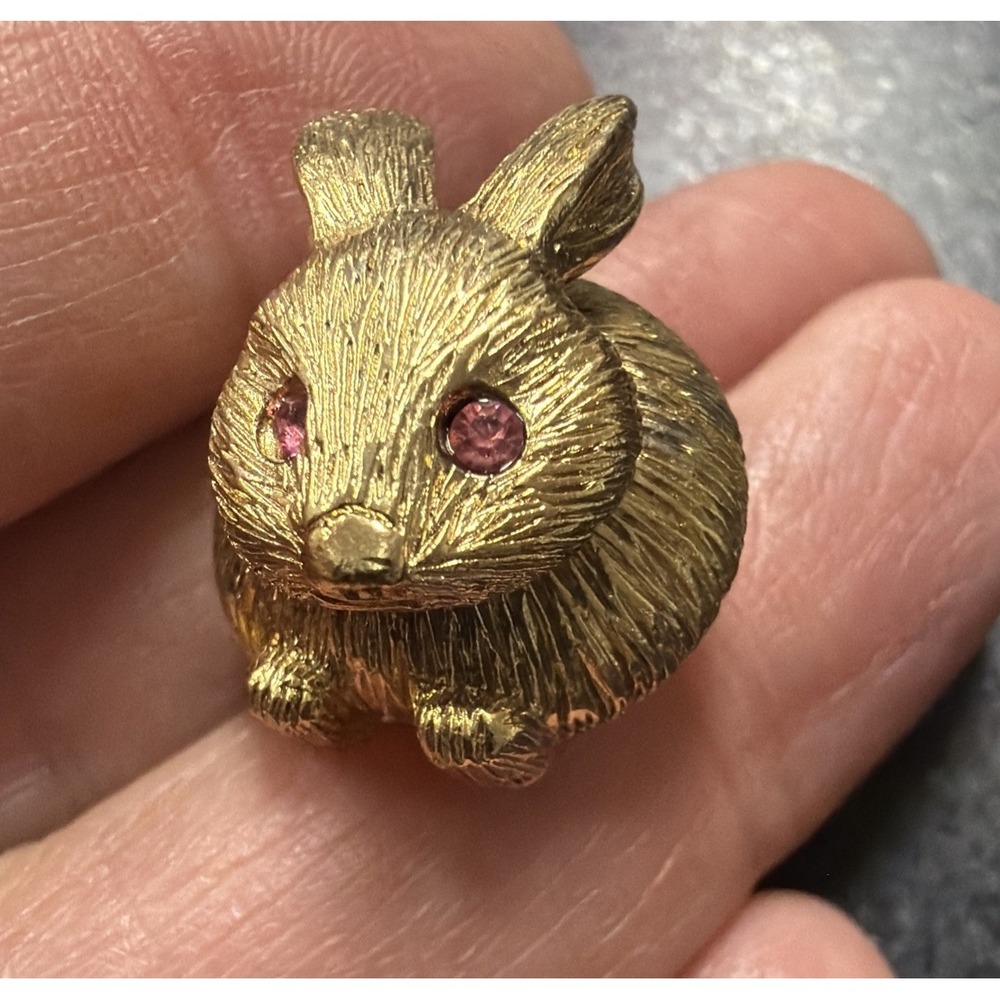 Vintage Gold Crown Bunny Rabbit Pin Pinback Bobblehead Pink Rhinestone Eyes
